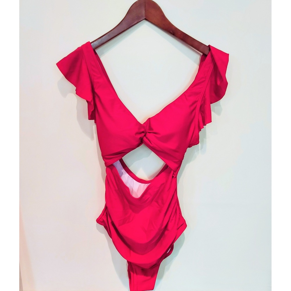 Red Ruffle Cutout One Piece Swimsuit Monokini‎ Twist Front V-Neck Pink S